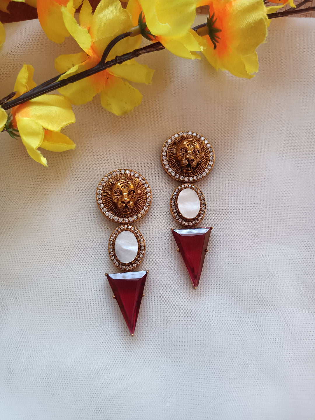 (0518ER007A100) Sabyasachi Inspired Natural Stone Lion Logo Earrings