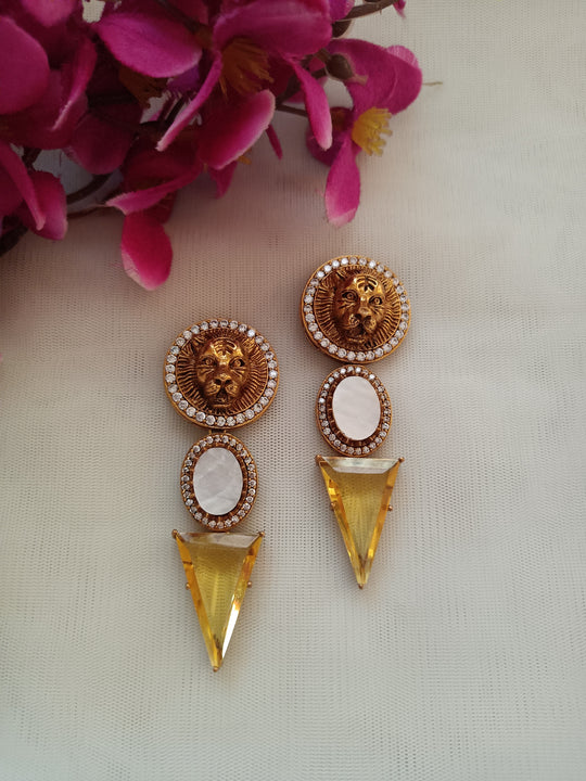 (0518ER007A100) Sabyasachi Inspired Natural Stone Lion Logo Earrings