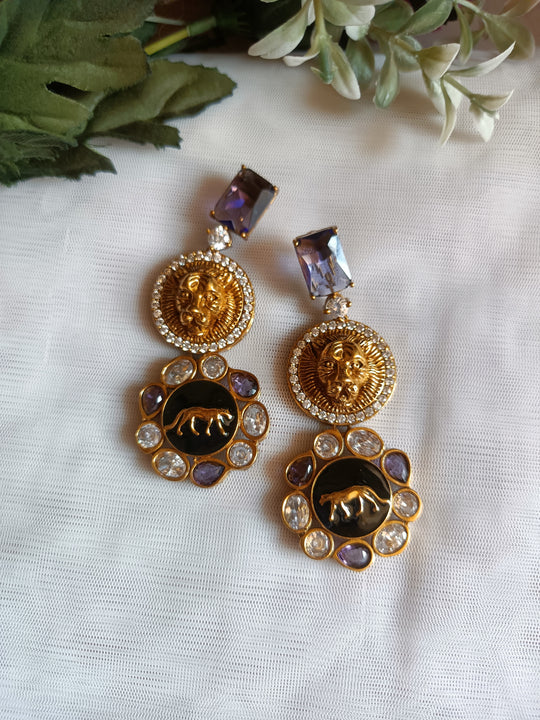 (0518ER009A100) Sabyasachi Inspired Natural Moissanite Stone Lion Logo Long Earrings