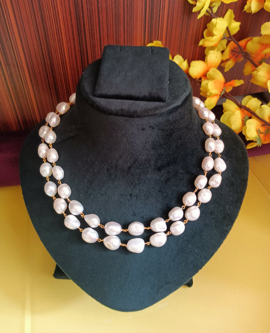 (0518NS045A100) Freshwater White Pearl Two Line Necklace