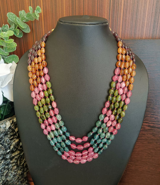 (0518NS049A100) Multi 5 Layred Semi-Precious Gemstone Oval Beads Mala Necklace