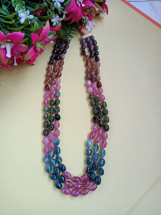 (0518NS050A100) Multi 3 Layred Semi-Precious Gemstone Oval Beads Mala Necklace