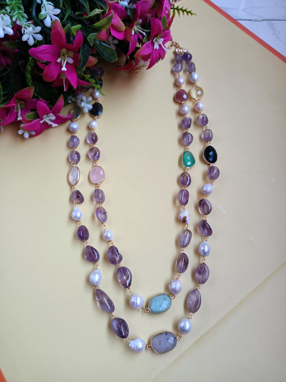 (0518NS052A100) Natural Amethyst Stone Mala Necklace