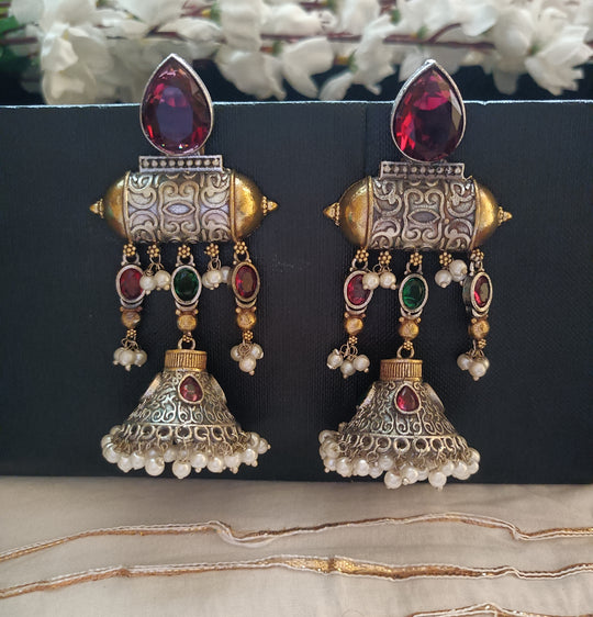 (0754ER011A200) Antique SLA Two-Tone Kundan Long Jumka Earrings