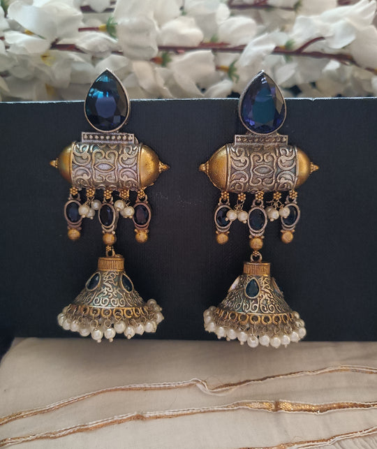 (0754ER011A200) Antique SLA Two-Tone Kundan Long Jumka Earrings