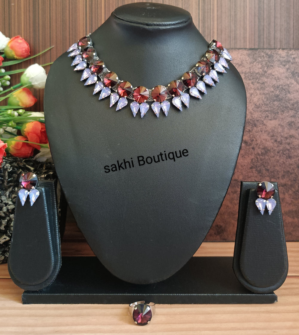 (0918NS002A200) Silver Combo Glass Stone Necklace