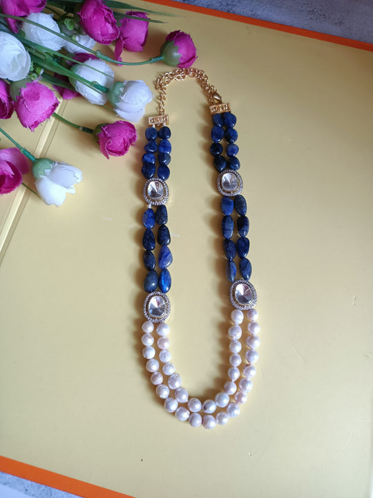 (1475518NS063A10) Blue Long Natural Stone with Uncut Kundan Mala