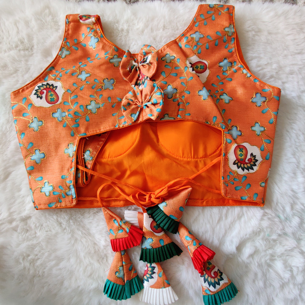 (1712BL013A300) Designer Orange with Print Tassels Blouse with Beautiful back hanging latkan