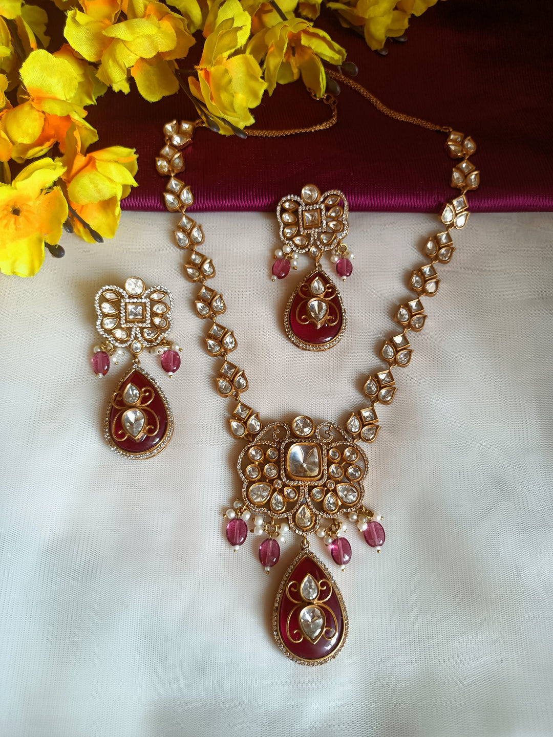 (2250118NS085A10) Statement Moissanite Kundan with AD and Doublet Stones Necklace