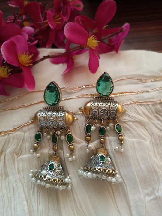 (0754ER011A200) Antique SLA Two-Tone Kundan Long Jumka Earrings