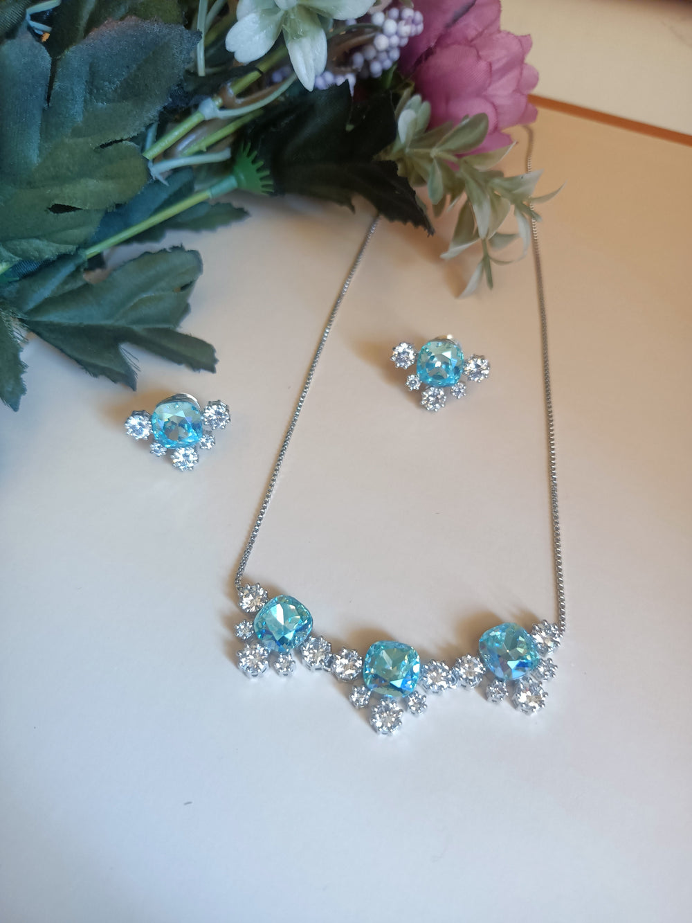 (0356NS011A100) Designer Swarovski Aqua Stone Pendant Set