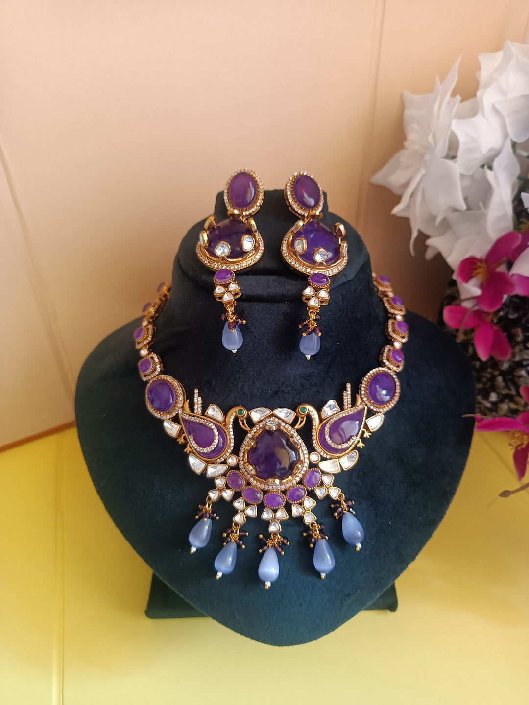 (0118NS065A100) Premium Moissanite Kundan with Russian Doublet Bird Bollywood Necklace