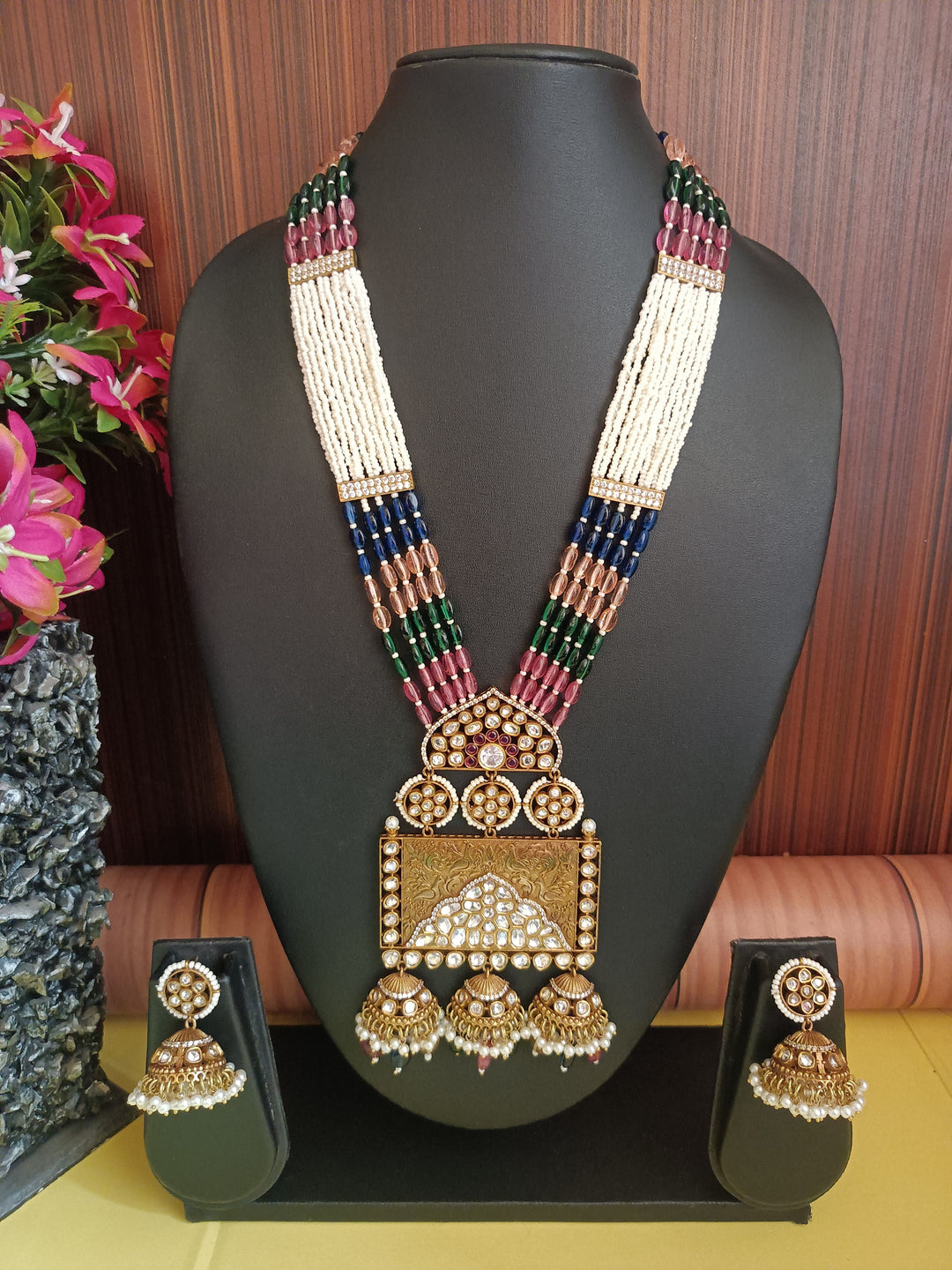 (0118NS068A100) Rajwadi Statement Moissanite Kundan Long Necklace Set With Jumki