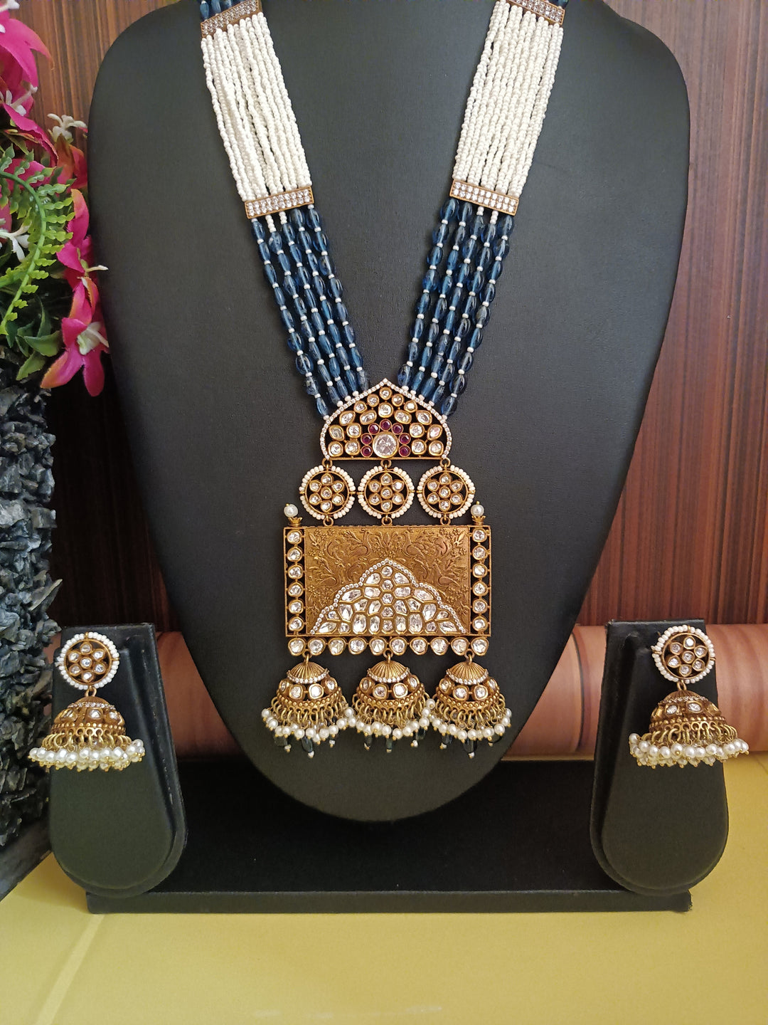 (0118NS068A100) Rajwadi Statement Moissanite Kundan Long Necklace Set With Jumki