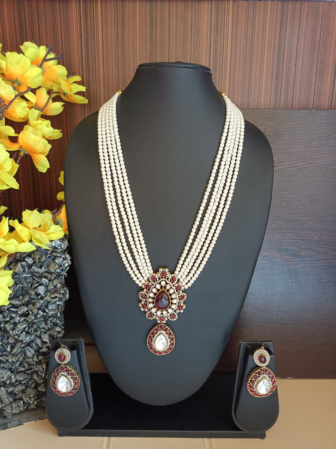 (0118NS069A100) Moissanite Uncut Kundan Premium Pearl Mala Necklace Set