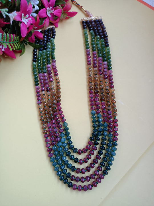 (0518NS051A100) Semi Precious Crystal 5 Layer Round Faceted Beads Multi Mala