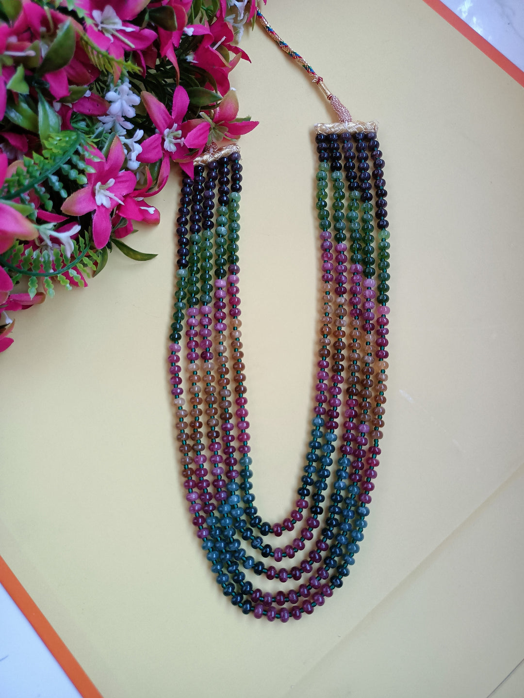 (0518NS051A100) Semi Precious Crystal 5 Layer Round Faceted Beads Multi Mala