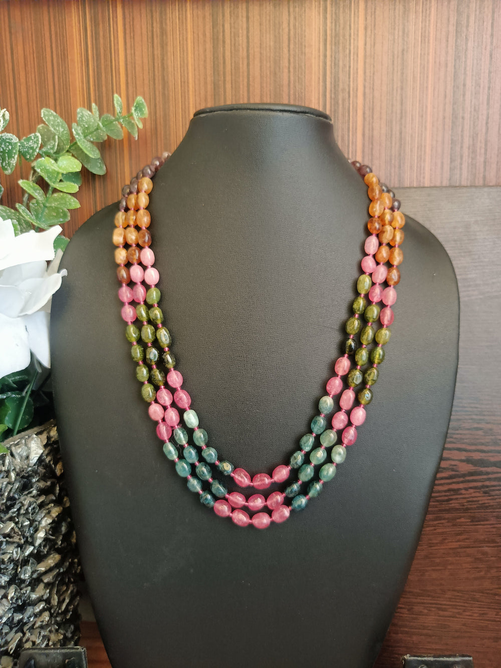 (0518NS050A100) Multi 3 Layred Semi-Precious Gemstone Oval Beads Mala Necklace