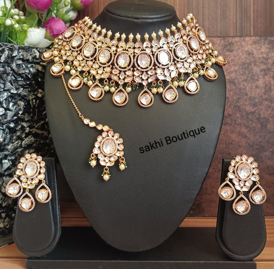 (1-18-NS22) Sabyasachi Inspired Uncut Kundan Bridal Combo Choker