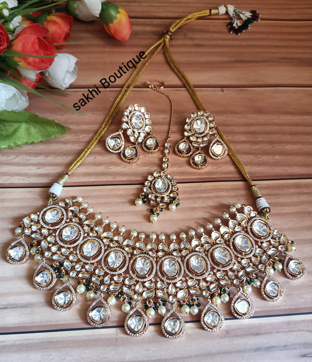 (1-18-NS22) Sabyasachi Inspired Uncut Kundan Bridal Combo Choker