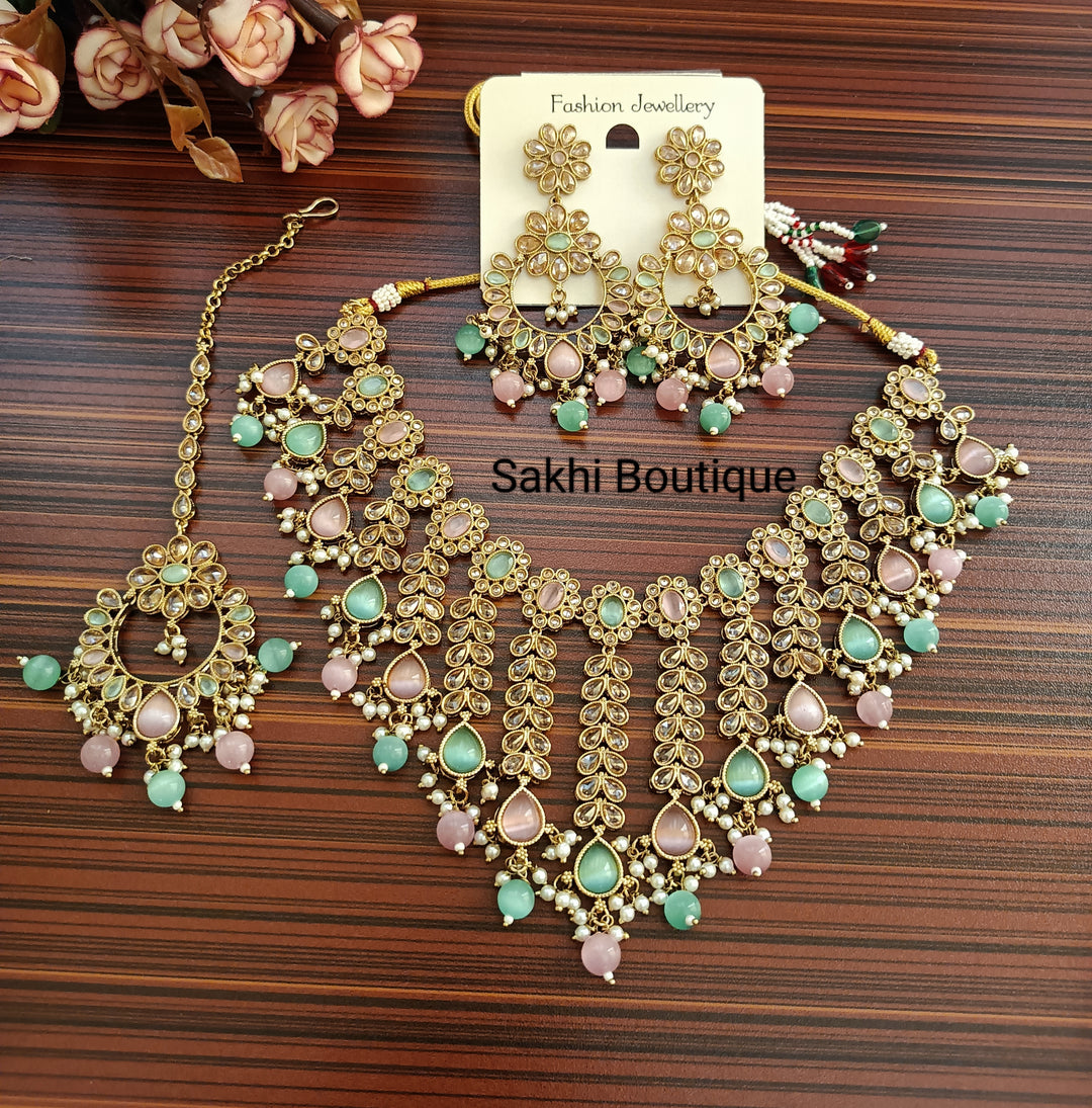 (0432NS001A100) Premium Quality Polki Combo Necklace Set