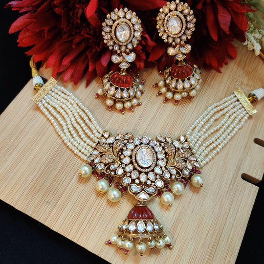 (0318NS024A100) CZ Moissanite Kundan Premium Jumka Necklace