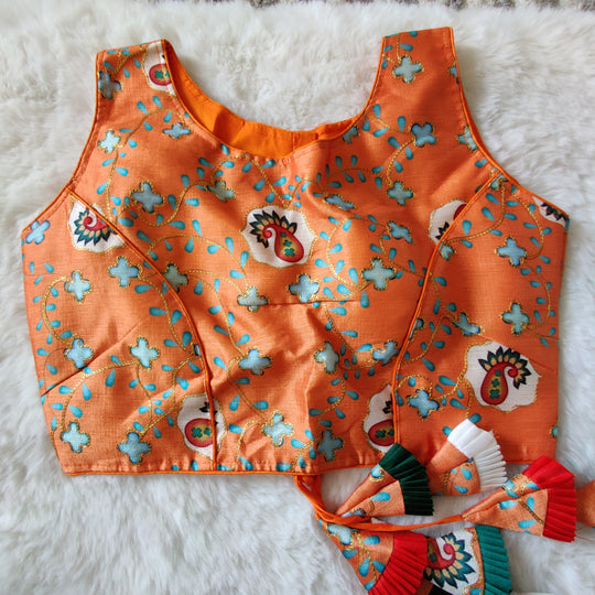 (1712BL013A300) Designer Orange with Print Tassels Blouse with Beautiful back hanging latkan