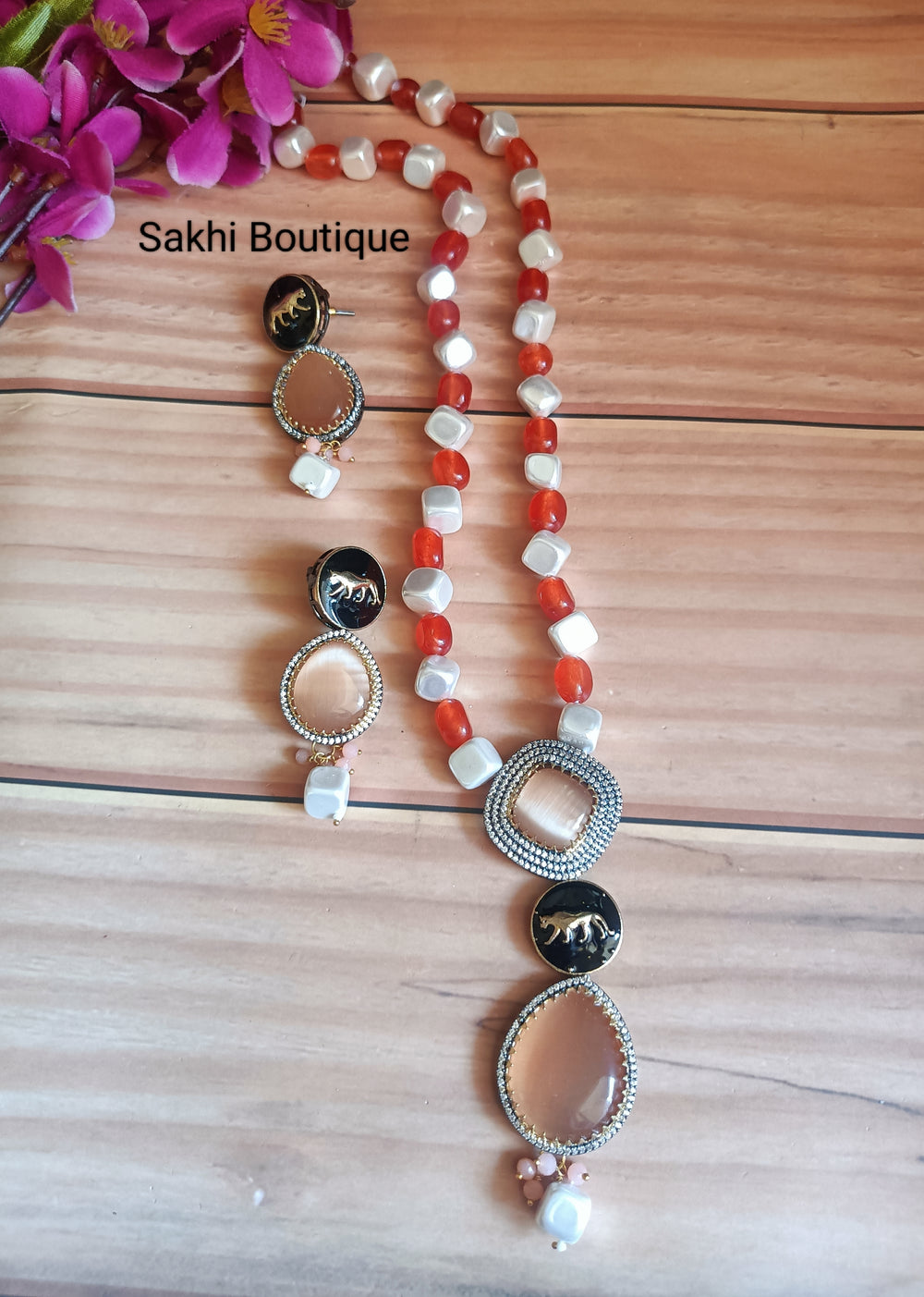 (0518NS34A100) Sabyasachi Inspired Peach Monalisa Stone Long Mala