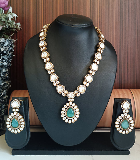 (0113NS002A100) Uncut Kundan with Monalisa Stone AD Statement Necklace Set