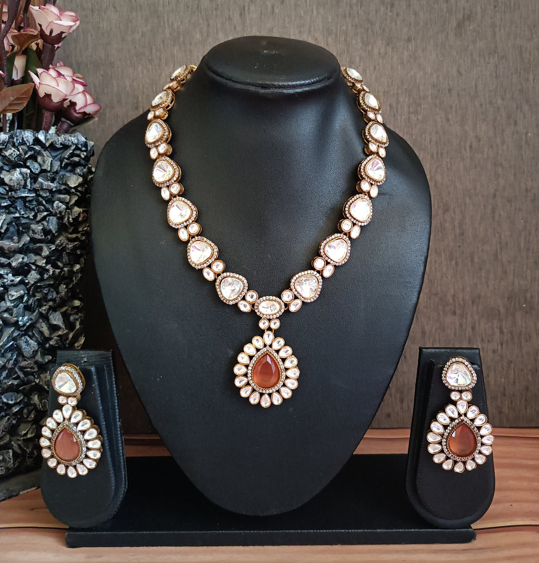 (0113NS002A100) Uncut Kundan with Monalisa Stone AD Statement Necklace Set