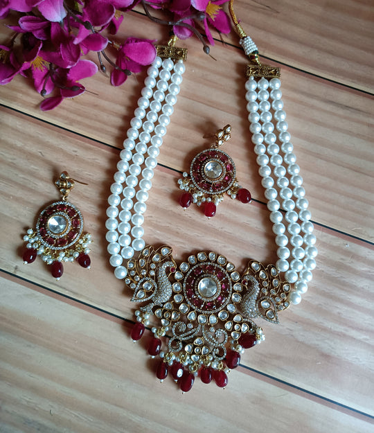 (0118NS052A100) Moissanite Kundan AD Peacock Statement Necklace Set