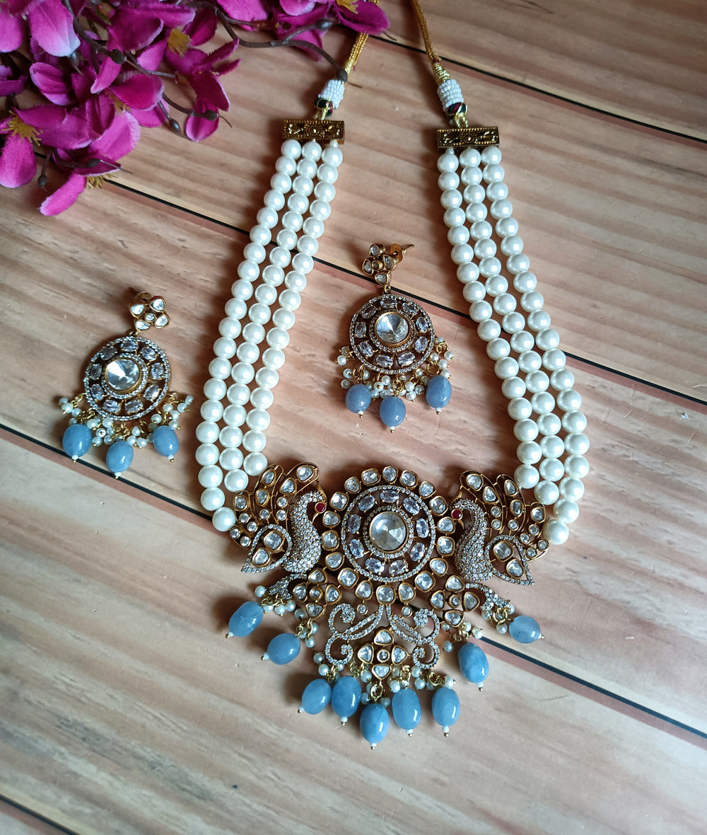 (0118NS052A100) Moissanite Kundan AD Peacock Statement Necklace Set