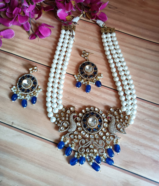 (0118NS052A100) Moissanite Kundan AD Peacock Statement Necklace Set