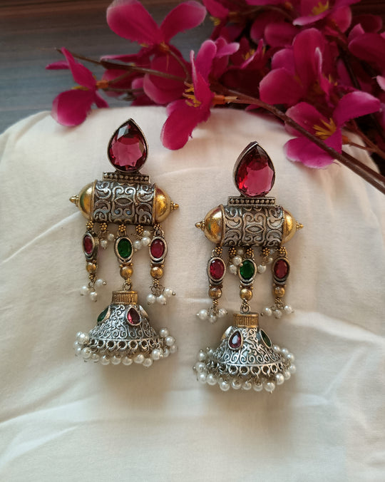 (0754ER011A200) Antique SLA Two-Tone Kundan Long Jumka Earrings