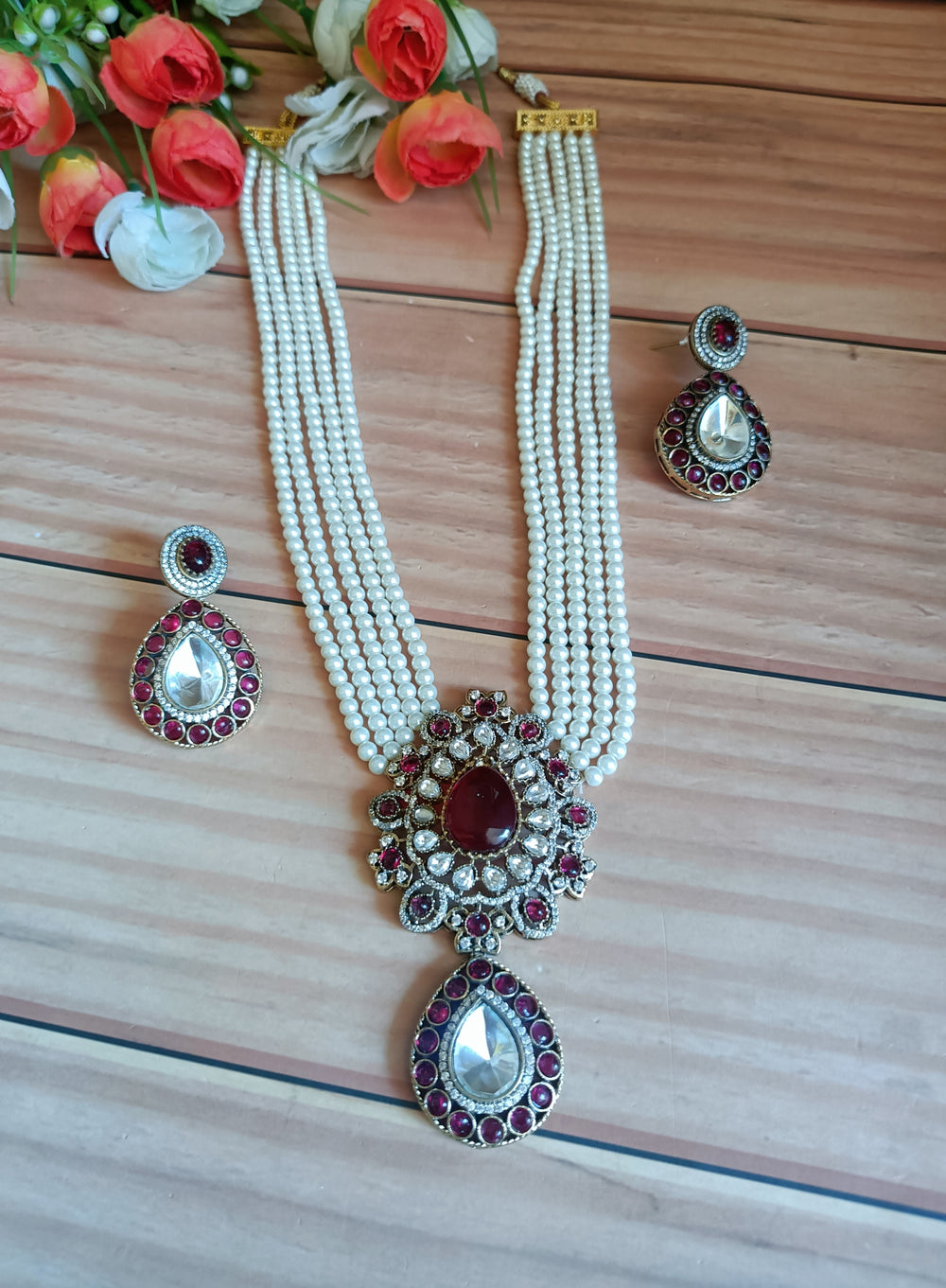 (0118NS069A100) Moissanite Uncut Kundan Premium Pearl Mala Necklace Set