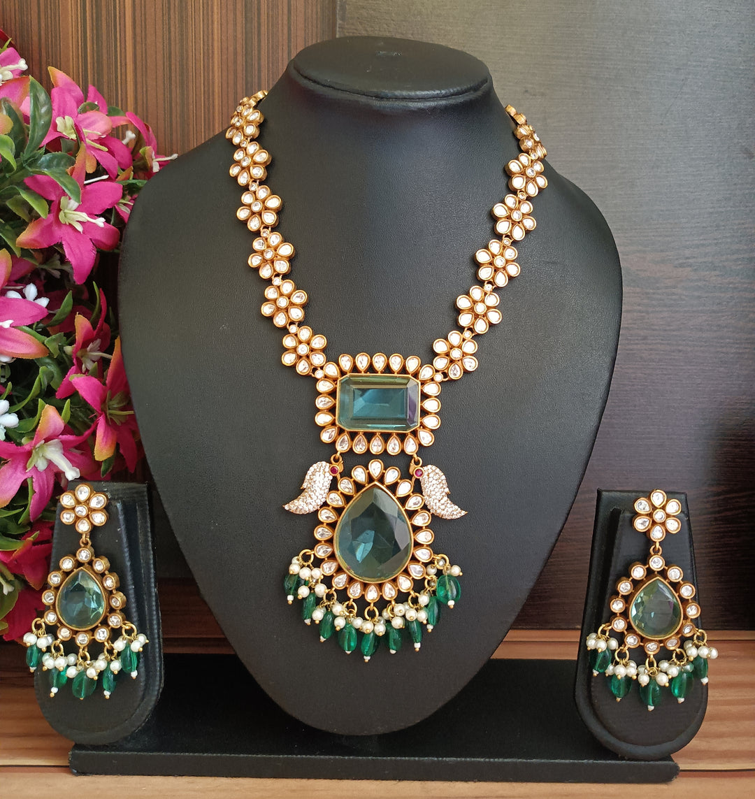 (0118NS075A100)Premium Moissanite Kundan Necklace Set with Doublet Stones