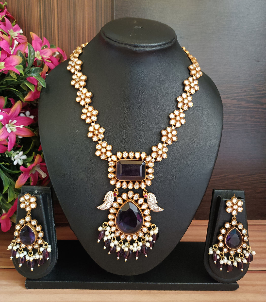 (0118NS075A100)Premium Moissanite Kundan Necklace Set with Doublet Stones