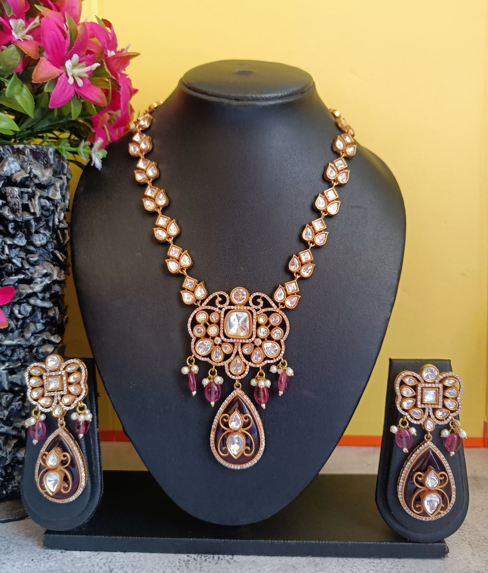 (2250118NS085A10) Statement Moissanite Kundan with AD and Doublet Stones Necklace