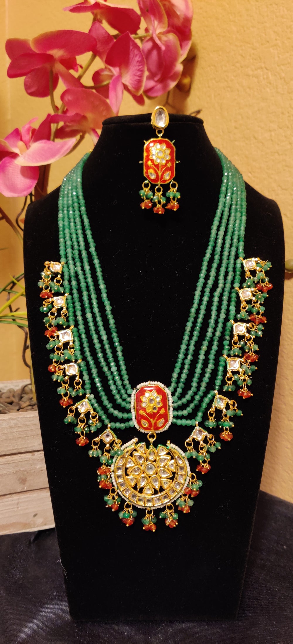 (1-13-NS4) Kundan Meenakari Onyx Beads Mala