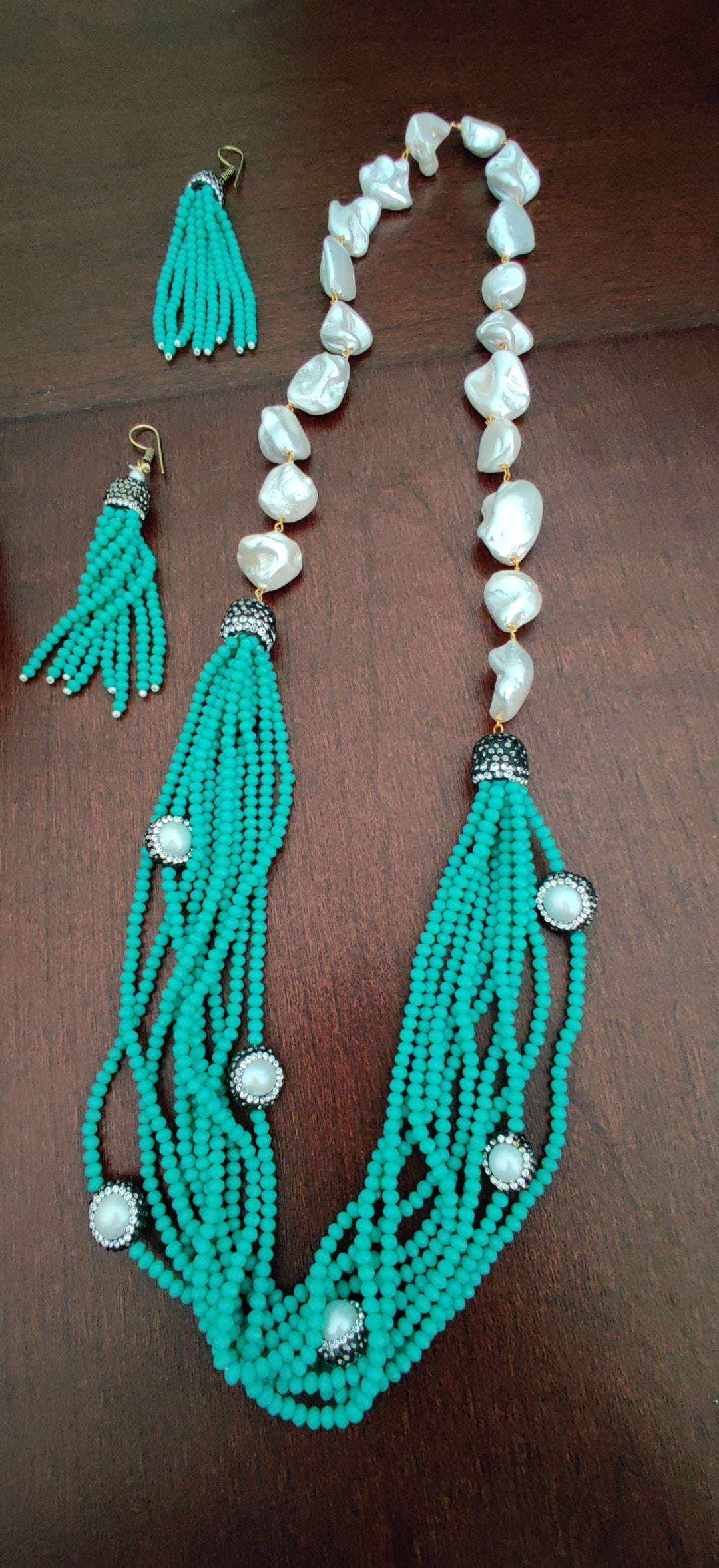 (1-13-NS5) Long Baroque Pearl Turquoise  Mala $35