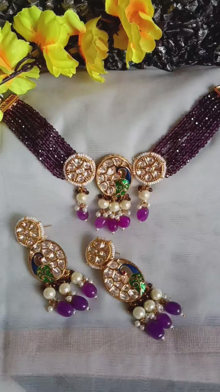 (0118NS062A100) Tyaani Kundan Peacock Necklace Set