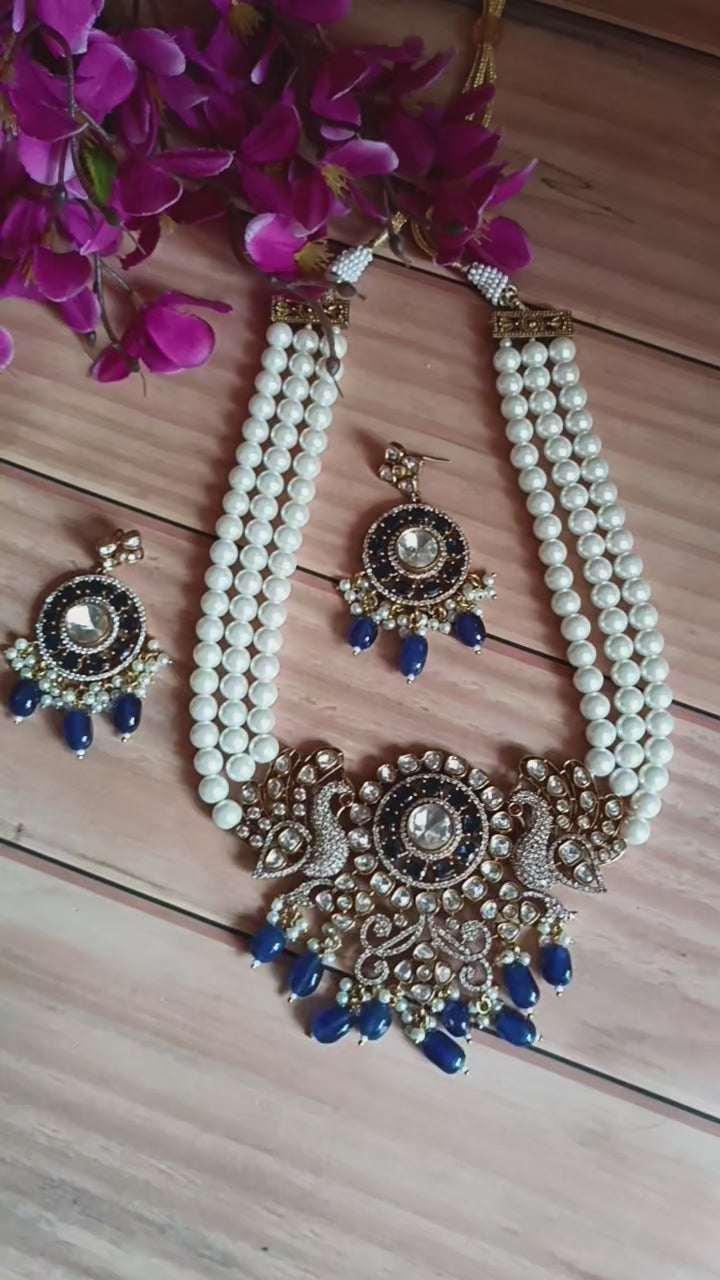 (0118NS052A100) Moissanite Kundan AD Peacock Statement Necklace Set