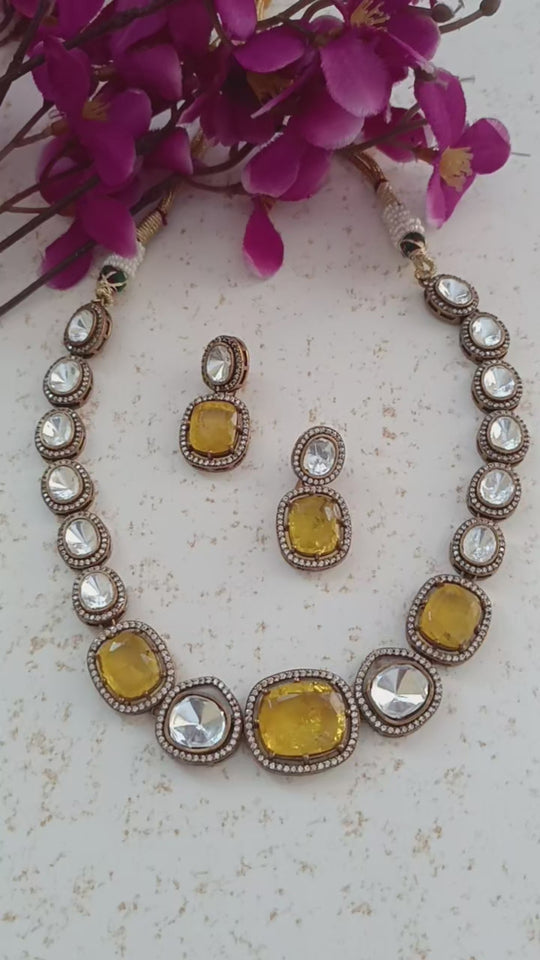 (0118NS059A100) Moissanite Kundan with Yellow Doublet Premium Necklace Set