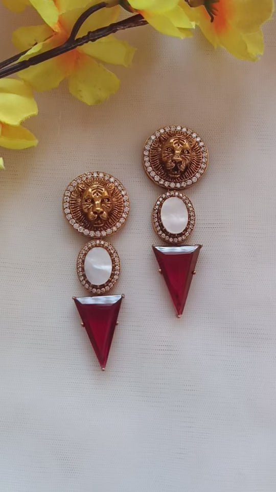 (0518ER007A100) Sabyasachi Inspired Natural Stone Lion Logo Earrings