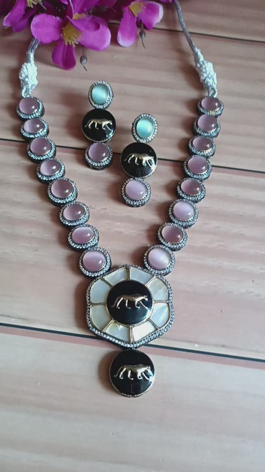 (0518NS38A100) Sabyasachi Inspired Mother of Pearl with Monalisa Stone Necklace