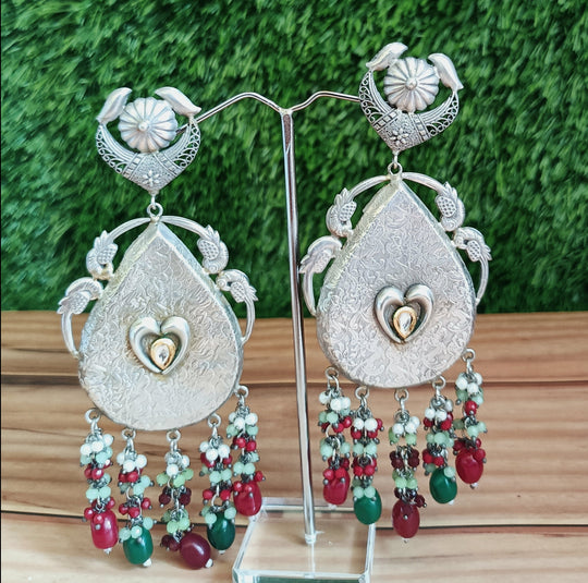 (2-30-ER22) Hand Made Silver Peacock Long (5.00 Inch) Earring