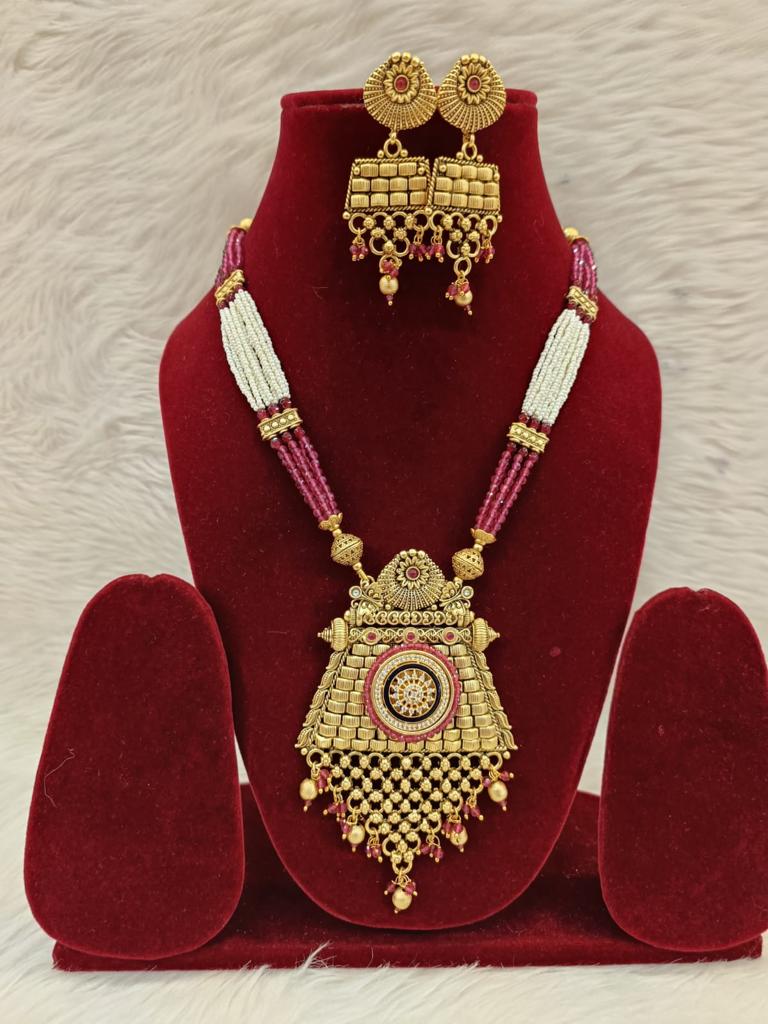 (7-18-NS30) Antique Rajwadi Pink Green Hydro Beads Necklace