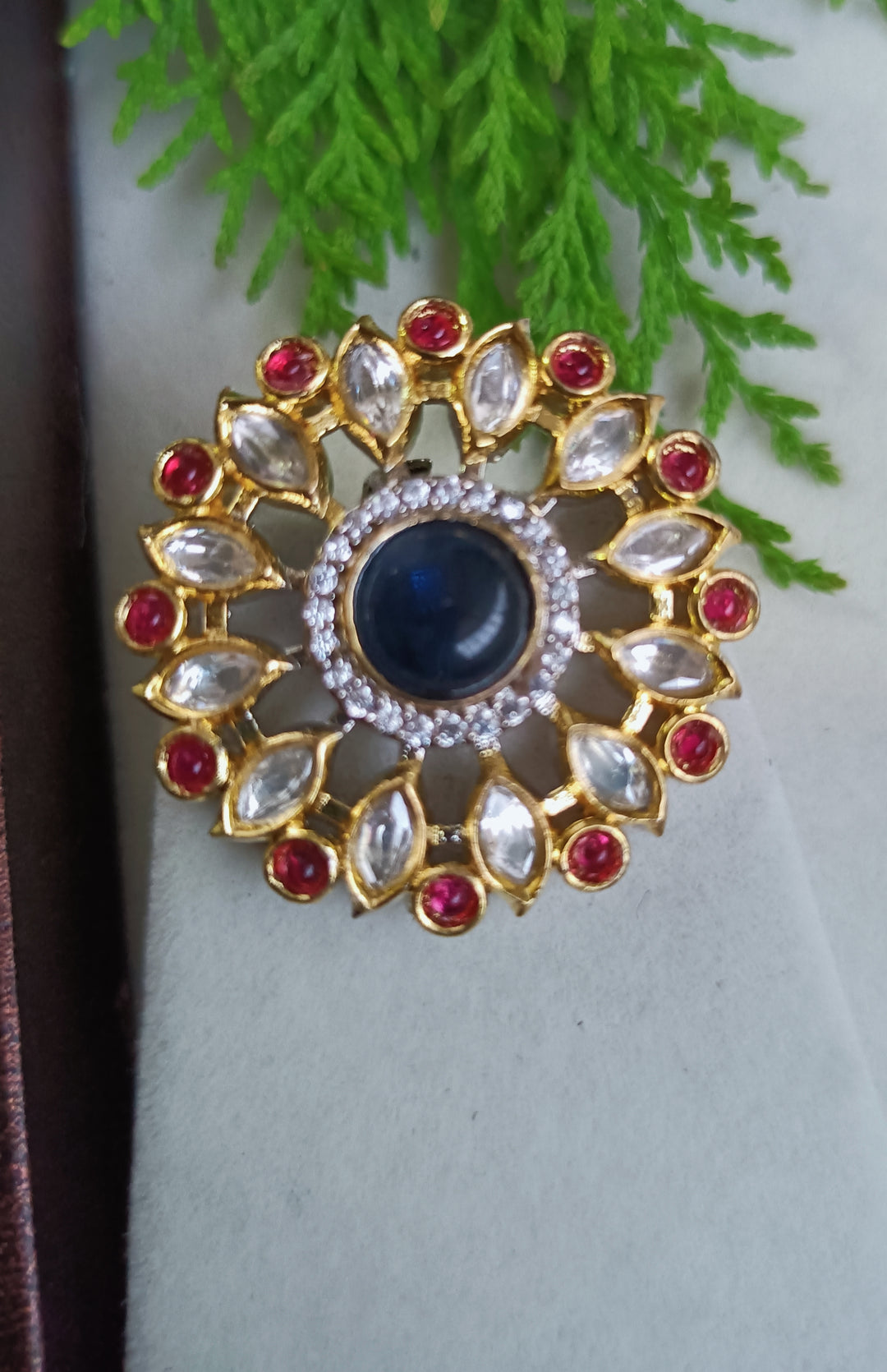 (5-18-FR3) Tyaani Kundan CZ with Monalisa stone Flower Finger Ring