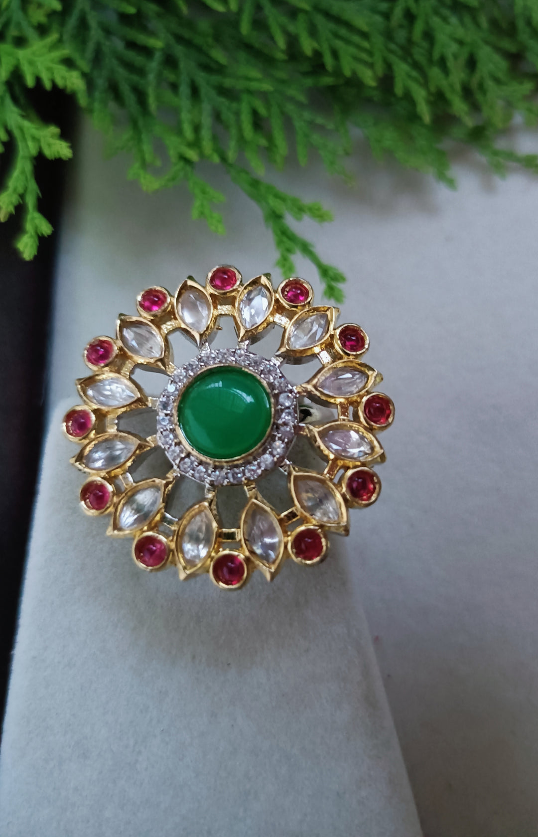 (5-18-FR3) Tyaani Kundan CZ with Monalisa stone Flower Finger Ring