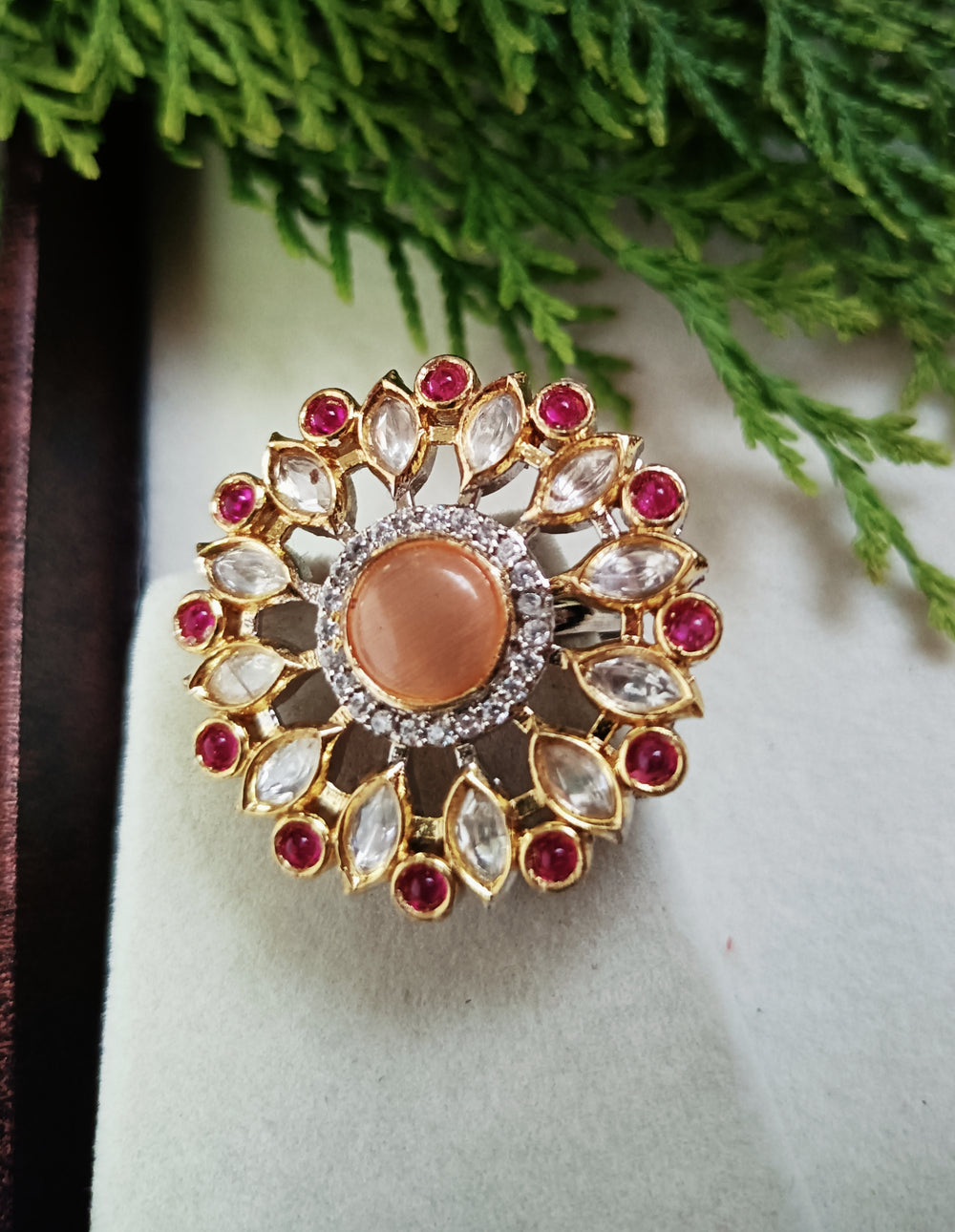 (5-18-FR3) Tyaani Kundan CZ with Monalisa stone Flower Finger Ring